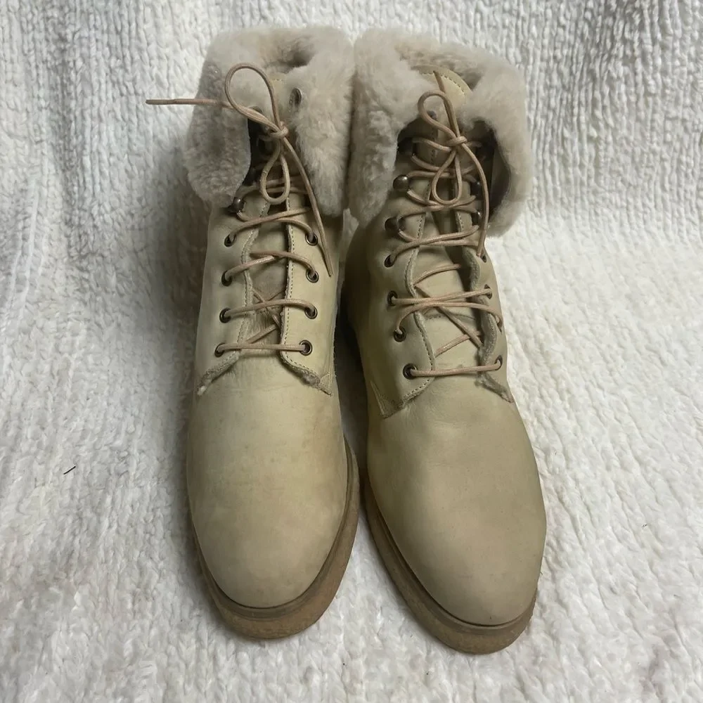 Vic Matié leather nubuck Khaki lace up Boots Shearling-Lined EUR SZ38